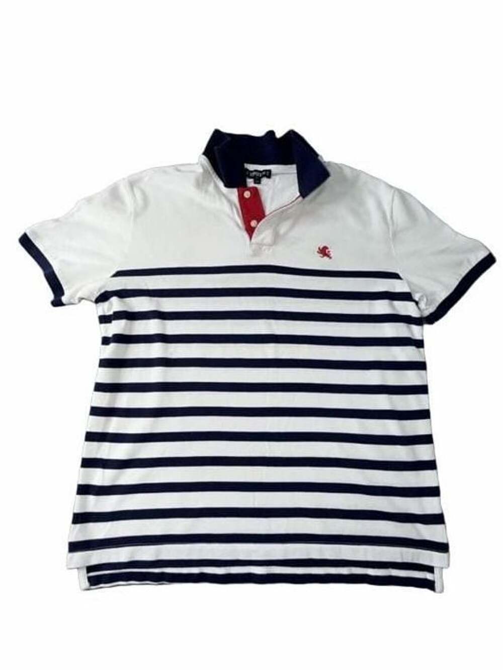 Express Men's White and Navy Blue Striped Polo Shirt with Red Placket and Lion